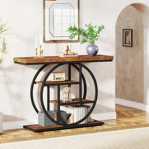 Vista 4 de Tribesigns Mesa de Consola de 41.3", Mesa Industrial de 4 Niveles para Sofá Mesa de Entrada con Base Circular, Mesas de Acento de Madera Estrechas