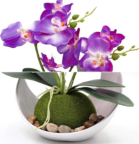 Vista 5 de MINYULUA Flor de orquídea artificial, arreglo floral de Phalaenopsis púrpura con jarrón, planta en maceta Bonsái para boda, fiesta, oficina, mesa