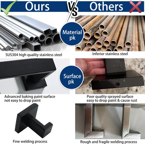 Vista 5 de Juego de 5 piezas de accesorios de ferretería para baño en negro mate, juego de toalleros cuadrados de 16 pulgadas para baño, juego de barras