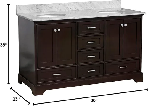 Vista 2 de Kitchen Bath Collection Harper tocador de baño doble de 60 pulgadas (chocolate/carrara): incluye gabinete de chocolate con encimera de mármol