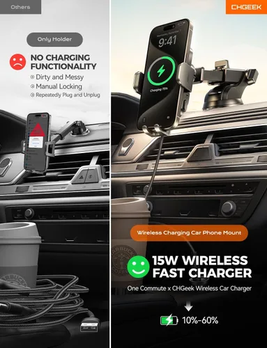 Vista 3 de Soporte inalámbrico con cargador de coche para teléfono, carga rápida de 15W, soporte de teléfono con sujeción automática para el salpicadero