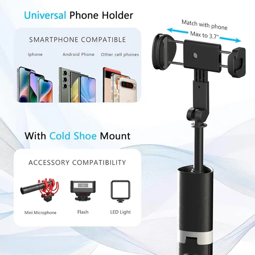 Vista 6 de Trípode para selfie stick de 61 pulgadas con control remoto Bluetooth, soporte extensible de aluminio resistente para vlogging con base de metal