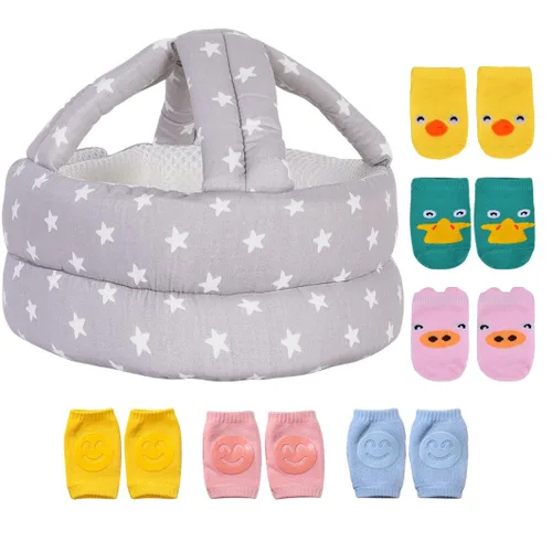 Vista 8 de Casco ajustable para bebé, ligero y suave, con 3 pares de rodilleras para gatear y 3 pares de calcetines de bebé, ideal para el bebé que aprende a