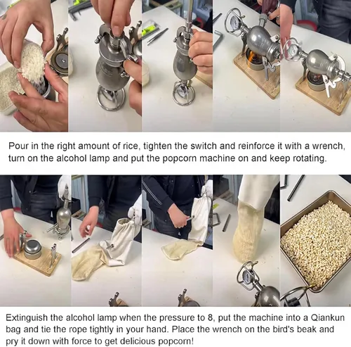 Vista 2 de High Pressure Puffed Rice Maker Traditional Retro Stainless Steel Popcorn Cannon Hand Crank Hot Air Popcorn Maker Small Stovetop Popcorn Machine