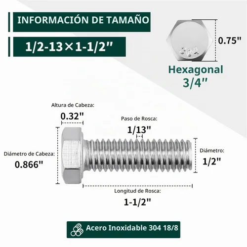 Vista 2 de (5 juegos) Kit de tornillos y tuercas hexagonales de 1/2-13 x 1-1/2 pulgadas, acero inoxidable 304 (18-8), totalmente roscado, arandelas planas