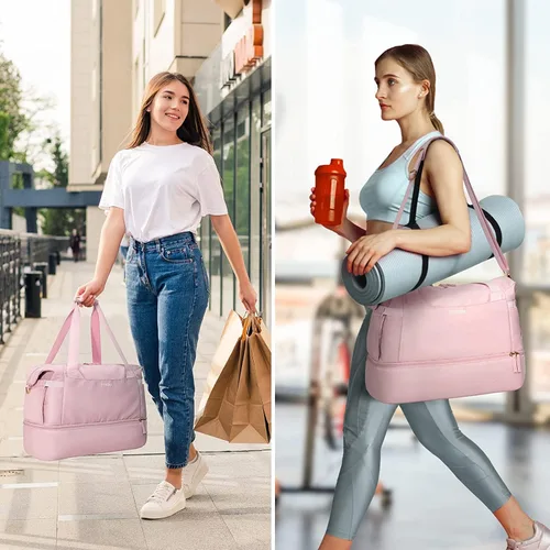 Vista 6 de Bolsa de lona de gimnasio para mujer, Rosado, Bolsa de gimnasio con puerto de carga USB