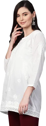 Vista 4 de Ada Blusa india de algodón Chikankari bordada a mano para mujer A391704 Blanco