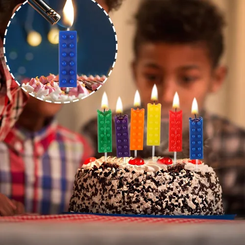 Vista 5 de Riyiper 12 velas de bloque de construcción, velas de pastel de cumpleaños, selección de bloques de construcción, suministros de cumpleaños