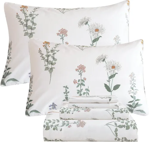 Vista 14 de QSH Juego de sábanas de tamaño individual 100% algodón egipcio, estampado de flores verdes con pájaros, mariposas y botánicas, lujo impreso, ropa