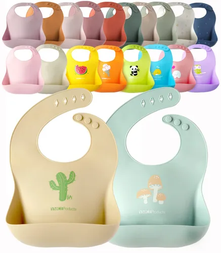 Vista 9 de Paquete de 2 baberos de silicona impermeables para bebé, ligeros, cómodos, fáciles de limpiar (verde/azul, pequeño)