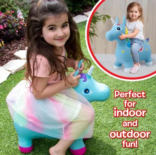 Vista 5 de Small World Toys Gertie - Caballo de unicornio hinchable, animales hinchables para niños pequeños de 1 a 3 años, juguete inflable de salto