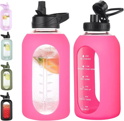 Vista 31 de EALGRO Botella de agua de vidrio de 32 onzas con popote y asa, frasco de agua motivacional deportivo con funda de silicona, taza grande a prueba