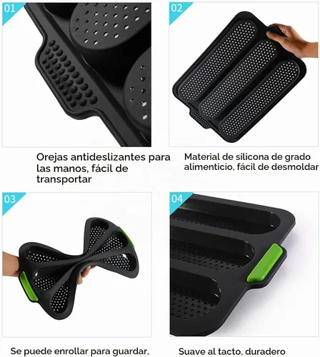 Vista 3 de Molde de silicona para baguette, antiadherente de 3 olas, pan de tostada francesa, molde para hornear, moldes de silicona perforados, molde para 3