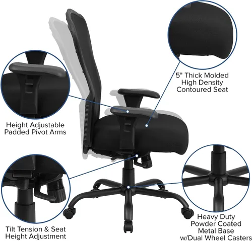 Vista 6 de Flash Furniture HERCULES Series 24/7 Uso Intensivo Big & Tall 400 lb. Silla de oficina ergonómica multifunción de malla negra con inclinación