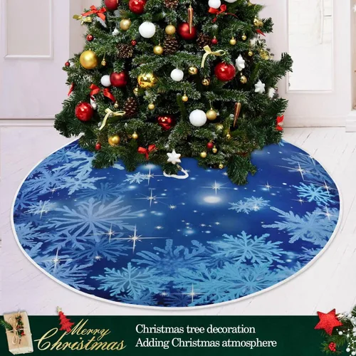Vista 6 de ALAZA Decoración de falda de árbol de Navidad, adorno pequeño de 35.4 pulgadas con copos de nieve azules de invierno con purpurina para fiesta