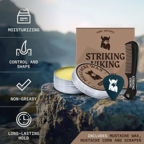 Vista 3 de Striking Viking Cera para bigote para hombres con peine – 2 onzas, sándalo – Cera de sujeción fuerte con peine de bigote antiestático para un aseo