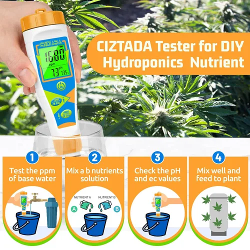 Vista 9 de Probador digital de pH para agua pH EC PPM medidor para nutrientes hidropónicos con solución de calibración 1413μs/cm pH conductividad TDS Medidor