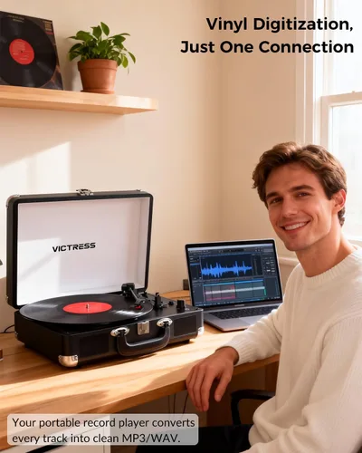 Vista 6 de Tocadiscos de vinilo con entrada y salida Bluetooth, tocadiscos portátil vintage de maleta, tocadiscos LP de 3 velocidades con conversión de vinilo