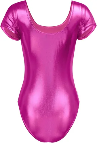 Vista 6 de Hedmy Leotardo de manga corta para mujer, de elastano, metálico, brillante, para gimnasia, danza, leotardo