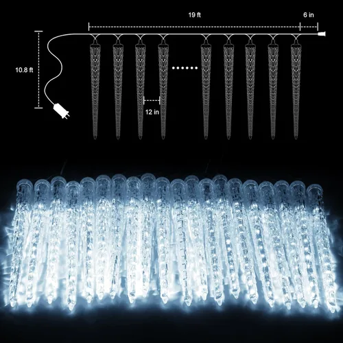 Vista 6 de Brightown luces de carámbanos para Navidad al aire libre, 19.8 pies con 20 tubos grandes, 480 LED, efecto de caída de lluvia de meteoritos, luces