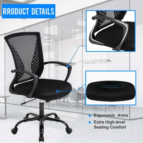 Vista 6 de Silla de oficina ergonómica de malla para computadora BestOffice, con reposabrazos, soporte lumbar, respaldo medio, giratoria, ajustable, para Negro
