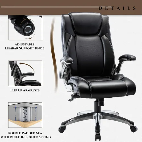 Vista 5 de COLAMY Silla Ergonómica de Oficina Ejecutiva con Cuero Sintético Grueso, Reposabrazos Abatibles, Respaldo Alto Ajustable en Altura e Inclinación
