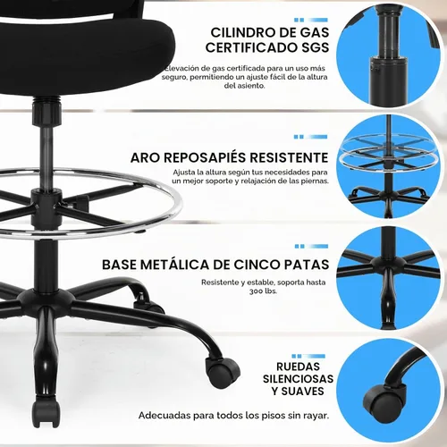 Vista 9 de Silla de dibujo, silla de oficina alta ergonómica con soporte lumbar, taburete de escritorio de pie con reposabrazos abatibles, cómoda silla