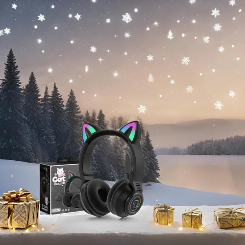 Vista 2 de Auriculares Bluetooth con orejas de gato Yusonic, auriculares inalámbricos para niños pequeños, niños y niñas, para Amazon Fire Negro