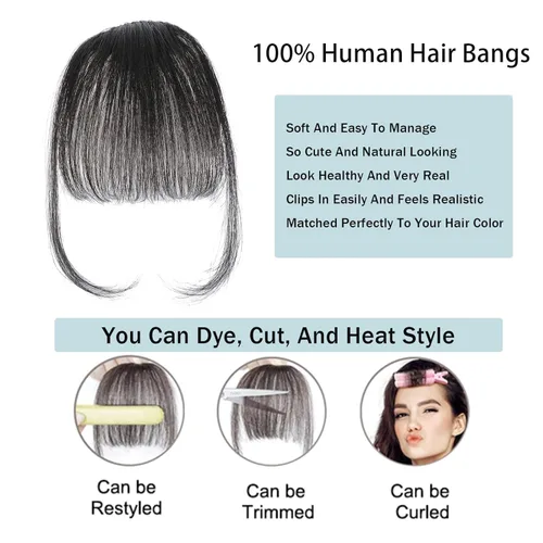 Vista 3 de MOCA HAIR Flequillo con clip, 100 % cabello humano, con pinzas de cabello humano real, color marrón oscuro con sienes, extensiones de flequillo