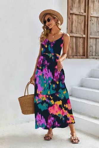 Vista 4 de Lxmyoxr Vestido casual de verano para mujer, sin mangas, cuello en V, tirantes delgados, escalonados, maxi vestidos largos con bolsillos