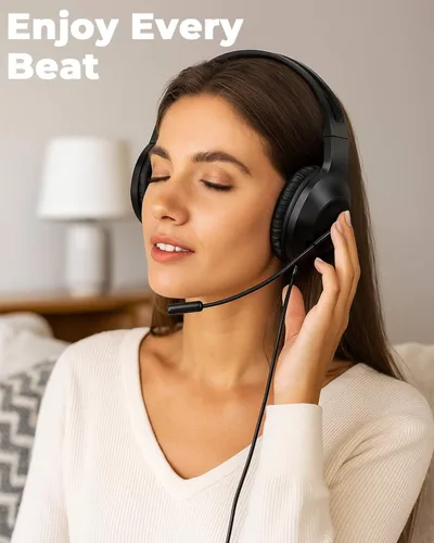 Vista 6 de Auriculares con cable con micrófono para computadora portátil - Auriculares sobre la oreja con sonido estéreo y micrófono con cancelación de ruido