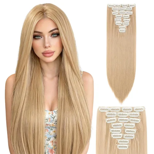 Vista 12 de S-noilite 8 piezas de extensiones de cabello largo con clip para mujer, extensiones de cabello sintético de doble trama, 18 pulgadas, #12H24 Honey