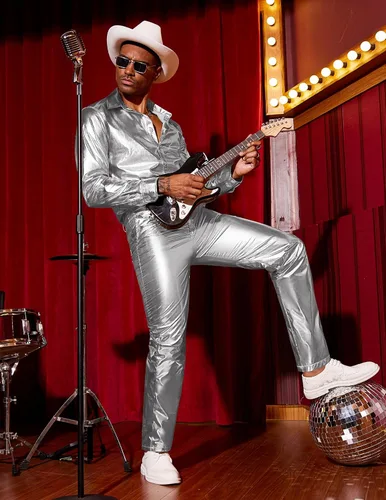 Vista 2 de COOFANDY Pantalones metálicos brillantes para hombre, pantalones de club nocturno, pantalones de discoteca de los años 70, 80, 90, pantalones