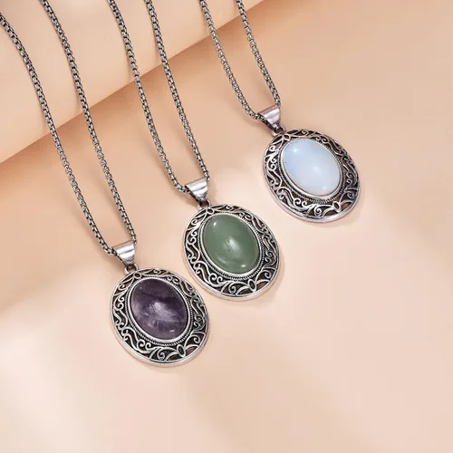 Vista 4 de Collar ovalado de piedras preciosas de acero inoxidable con colgante de cristal curativo de piedra semipreciosa para mujeres y niñas
