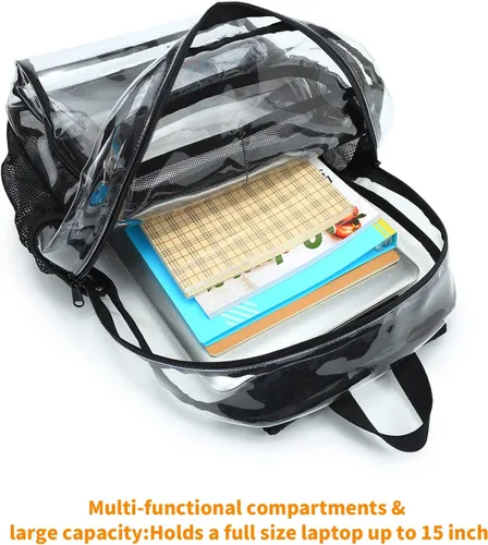 Vista 7 de Mochila transparente, bolsa transparente grande aprobada para estadios, resistente de PVC, transparente, mochilas para universidad, Gris, Mochilas