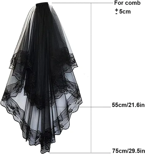Vista 3 de TOPOQ Velo negro y guantes, velo de boda negro con peine velo funerario, disfraz de Halloween, velo para fiesta de cosplay