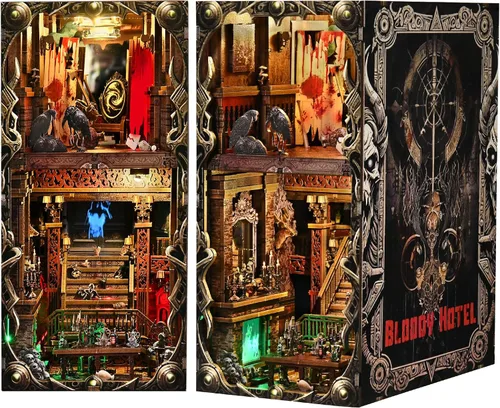 Vista 2 de Kit de Rincón de Libro Espeluznante DIY, Casa de Muñecas en Miniatura Rompecabezas 3D de Halloween, Rompecabezas de Madera 3D de Terror Aterrador