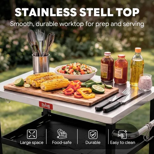 Vista 10 de Feasto Mesa de parrilla de 3 estantes, soporte para horno de pizza con estante, carrito de parrilla para horno de pizza móvil, parrilla