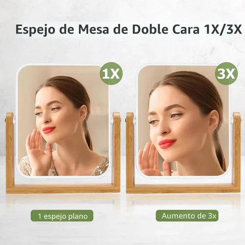 Vista 2 de LFOYOU Espejo de maquillaje de tocador con soporte de bambú natural, espejo de aumento giratorio de 360 grados de doble cara, espejo de maquillaje