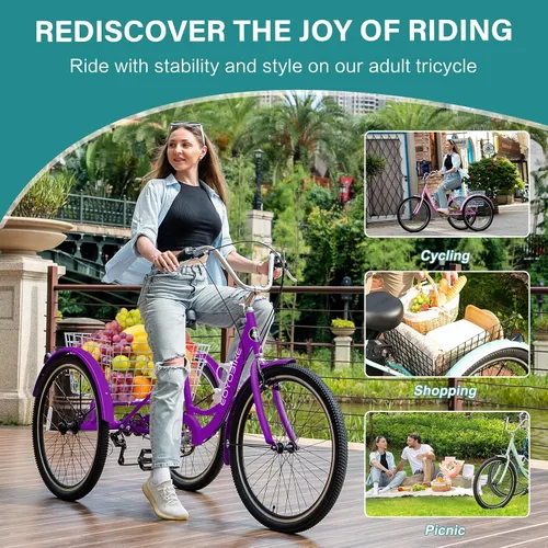 Vista 5 de MOPHOTO Triciclos para adultos, tres ruedas, bicicleta de crucero de 7 velocidades, triciclos para adultos de 20/24/26 pulgadas, ruedas bajas