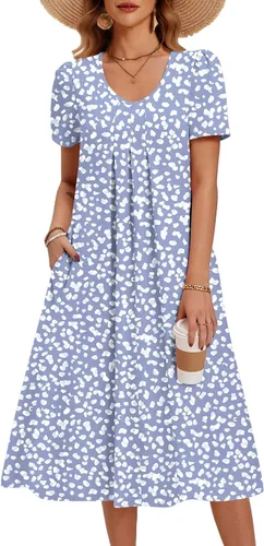 Vista 21 de Zeagoo Vestido de verano para mujer, casual, floral, midi, con bolsillos, cuello en V, plisado, manga corta, estilo alineado, para vacaciones