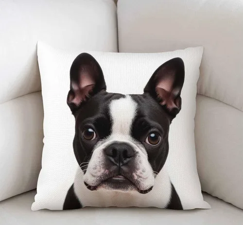 Vista 2 de Swono Funda de almohada decorativa de bulldog francés, Boston Terrier de lino y algodón, para exteriores, funda de cojín cuadrada estándar