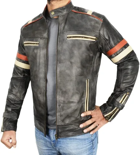 Vista 2 de Spazeup Cafe Racer Chaqueta Vintage Motocicleta Retro Moto Chaqueta de cuero envejecido Chaqueta de motocicleta desgastada para hombre