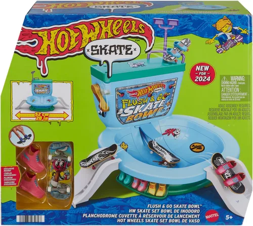 Vista 6 de Hot Wheels Skate Fingerboard Flush & Go Skate Park con tema de inodoro, 1 tabla exclusiva, 1 par de zapatos y hoja de calcomanías
