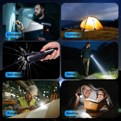 Vista 8 de JIJ Paquete de 3 linternas, linternas recargables de alto lúmenes, linterna LED de 7 modos con IP67 impermeable, linterna táctica de mano ajustable