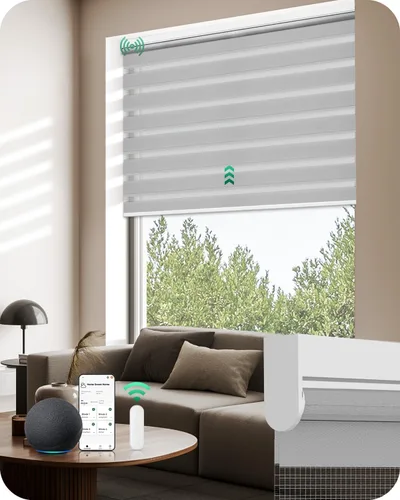 Vista 13 de Allesin Persianas motorizadas de cebra con control remoto, persianas eléctricas de doble capa con batería seca, persiana horizontal inteligente
