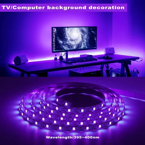 Vista 4 de Tiras de luz LED negras de 6.6 pies, 120 perlas de lámpara, kit de tira de luz negra LED con cable USB de 1.5 m, tira de luz Blacklight flexible