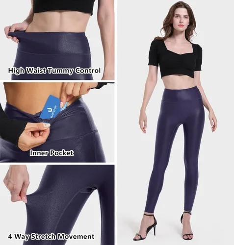 Vista 4 de HARTPOR Leggings de piel sintética para mujer, elásticos, de cintura alta, brillantes, pantalones de cuero, leggings de cuero, pantalones de yoga