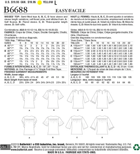 Vista 2 de BUTTERICK B6688A5 Easy Semi-Fitted Blusa de mujer patrones de costura, tallas 6-14, blanco