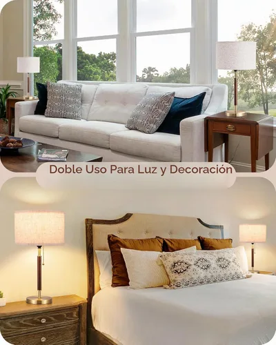 Vista 2 de EDISHINE Juego de 2 lámparas de mesa de mediados de siglo, lámpara de noche con interruptor de cadena, pantalla de lino, poste de madera maciza